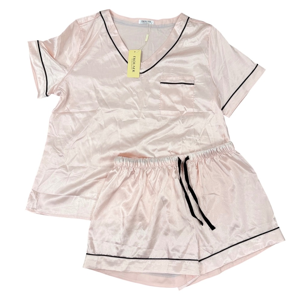 Ekouaer Satin Pajama Set Womens Large Pink Silk Feel Short Sleeve Shorts NWT